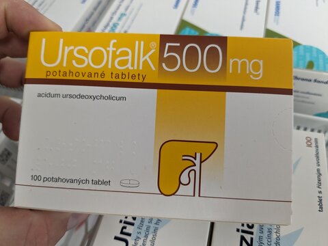 Prague, Czech Republic - July 10 2024: URSOFALK box of medication with URSODEOXYCHOLIC ACID active substance by DR. FALK PHARMA, used for treatment of gallstones and liver diseases.

