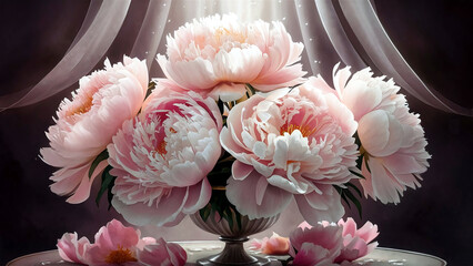 Luxurious romantic illustration of delicate peony flowers with soft light background, perfect for wedding greeting cards and elegant decor themes. 