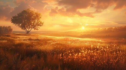 Fototapeta premium Golden Hour Glow: Warm golden hues fill the sky, the sun just above the horizon, casting long shadows and enveloping the scene in a gentle, golden radiance. 