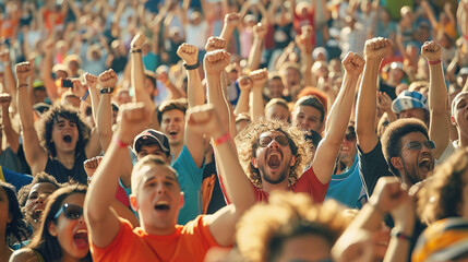 Excited sports fans cheer passionately in a bustling stadium, their energy electrifying the atmosphere during a daytime match