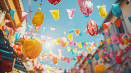Festival vibes radiate with colorful flags and lanterns, creating a lively and festive atmosphere. This summer background captures the essence of celebration, perfect for event promotions and seasona