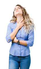 Beautiful young blonde business woman over isolated background Touching painful neck, sore throat for flu, clod and infection