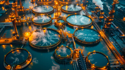 Industrial water treatment plant releasing steam at twilight