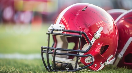 Fototapeta premium Red football helmet on green grass field