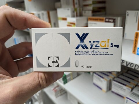 Prague, Czech Republic - July 10 2024: XYZAL box of medication with LEVOCETIRIZINE active substance by UCB, used for treatment of allergic rhinitis and chronic urticaria.

