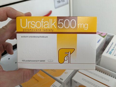 Prague, Czech Republic - July 10 2024: URSOFALK box of medication with URSODEOXYCHOLIC ACID active substance by DR. FALK PHARMA, used for treatment of gallstones and liver diseases.

