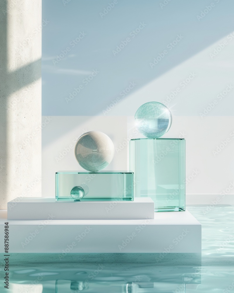 Aufkleber Elegant Display of Glass Shapes in Modern Design Setting, Emphasizing Transparent and Frosted Textures Under Bright Daylight