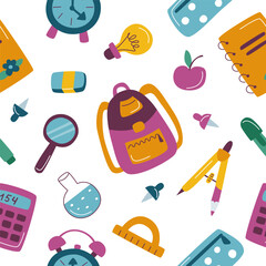 Childrens school. School supplies pattern. Back to school concept. Seamless pattern of school elements.