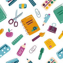 Childrens school. School supplies pattern. Back to school concept. Seamless pattern of school elements.