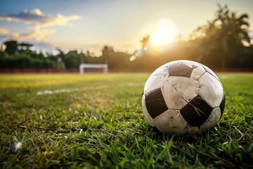Fototapeta premium Soccer ball on a green field at sunset