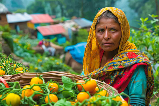 Indian woman farmer is carrying a basket full of yellow tomatoes in her farm