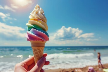 Summertime Delight: Woman Enjoying Colorful Ice Cream on a Sunny Beach