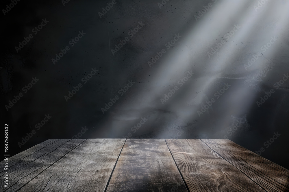 Poster empty wooden table top on dark grunge wall background illuminated by spotlights, perfect for display