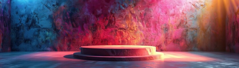 Minimalist style podium, empty, biodegradable innovation and energy symbol beside, high angle shot, colorful backdrop