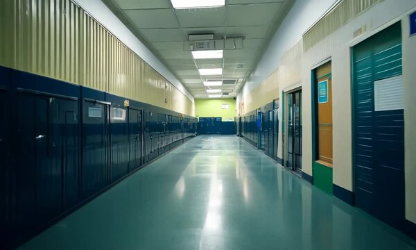 Empty Lit Hallway in School - Elementary, Middle, High School