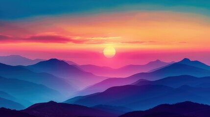 Fototapeta premium Mountain Sunset: Golden light bathes the mountainous landscape as the sun sets, outlining peaks against a backdrop of vivid hues, painting a serene and captivating mountain sunset. 