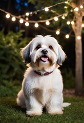 Havanese sitting under a canopy of twinkling fairy lights in a magical garden setting