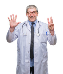 Handsome senior doctor man over isolated background showing and pointing up with fingers number eight while smiling confident and happy.