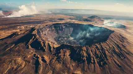 Aerial view of active volcanic crater with smoke.