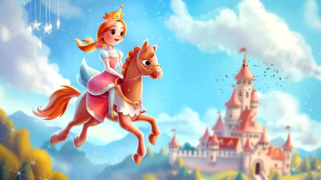 Fairy princess riding a horse in the sky towards a castle in a magical land. Seamless loop video background