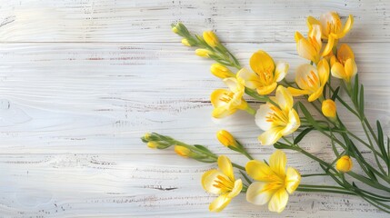 Spring template featuring yellow freesia flowers on light wooden background with text space