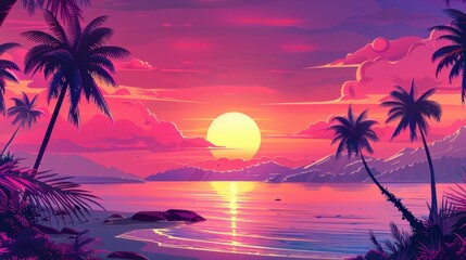 Tropical Sunset: Against the backdrop of palm trees, the tropical beach glows with shades of pink, orange, and purple as the sun sets, creating a serene and enchanting tropical sunset scene.
