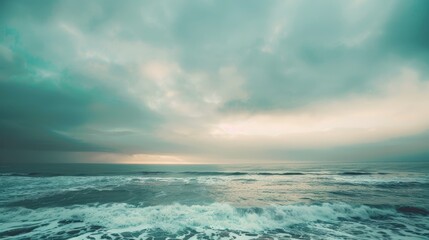 Fototapeta premium Dramatic, hazy, minimalistic color, seascape, shore, bright, clouds.