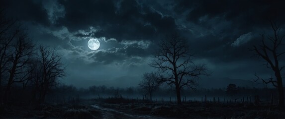 Epic spooky night scene with a full moon shining on a misty stormy sky Horror concept art.