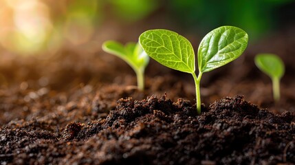 Fototapeta premium Young plant sprouts emerging from rich, moist soil with a blurred natural background, symbolizing growth, new beginnings, and nature.