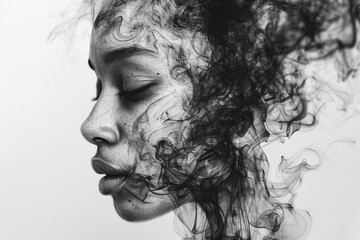 Fototapeta premium Abstract monochrome portrait of woman with flowing shapes dynamic and artistic digital illustration