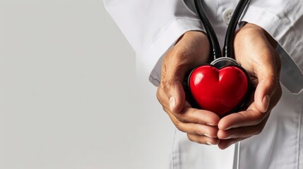 Doctor holding red heart toy with stethoscope in front of chest. Image representing medical care and healthcare. Symbol of compassion and wellness. 