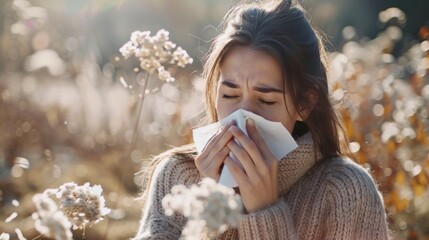 Woman with runny nose sneezes into tissue battling allergies or cold. Concept Health, Allergies, Cold, Runny Nose, Sneezing