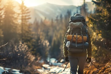 Backpacker Walking Through Forest Trail at Sunset