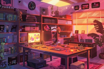 A cozy gaming room with shelves of board games and a tabletop setup. Someone rolls dice, enjoying the camaraderie. Cozy vibe, Generative AI