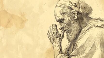 Fototapeta premium Job 7: Continued Lament, Futility of Life, Sleepless Nights, Appeal to God - Biblical Illustration with Beige Background and Copyspace for Religious Content