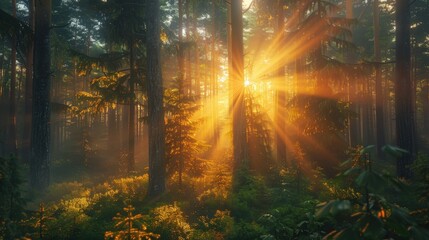 Forest Sunset: Golden sunlight streams through the canopy as the sun sets behind the dense forest, illuminating the woodland with a peaceful, ethereal light.
