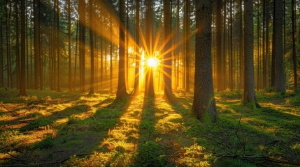Forest Sunset: As evening falls, the sun sets behind the thick forest, its gentle rays filtering through the foliage, creating a serene play of light on the forest floor.