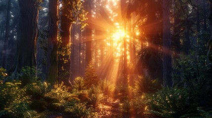 Forest Sunset: The setting sun bathes the dense forest in a warm glow, its rays piercing through the trees and painting a mosaic of light and shadow on the woodland ground.
