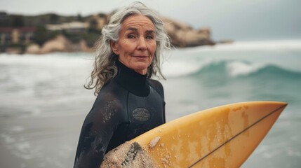 A senior woman with grey hair holding a surfboard on a beach. Active lifestyle and retirement