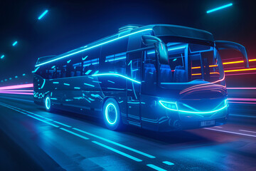 a bus on a road with neon lights