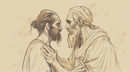 Fototapeta premium Genesis 32: Jacob's Preparation, Wrestling at Peniel, Renamed Israel - Biblical Illustration with Beige Background and Copyspace for Religious Content