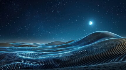 A serene night scene featuring a digital wave of glowing data particles flowing across the sky, representing the seamless integration of technology and nature, illuminated by moonlight