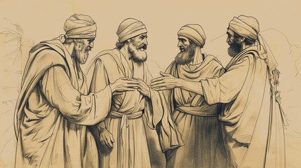Fototapeta premium Genesis 42: Brothers' Journey, Encounter with Joseph, Testing - Biblical Illustration with Beige Background and Copyspace for Religious Content