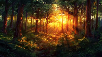 Obraz premium Forest Sunset: The sun sets behind a dense forest, casting golden rays through the trees, illuminating the forest floor in a tranquil and magical display of light and shadow. 
