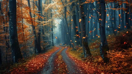 Fototapeta premium A narrow path winding through a dense forest with trees in vibrant autumn colors, leaves falling gently to the ground