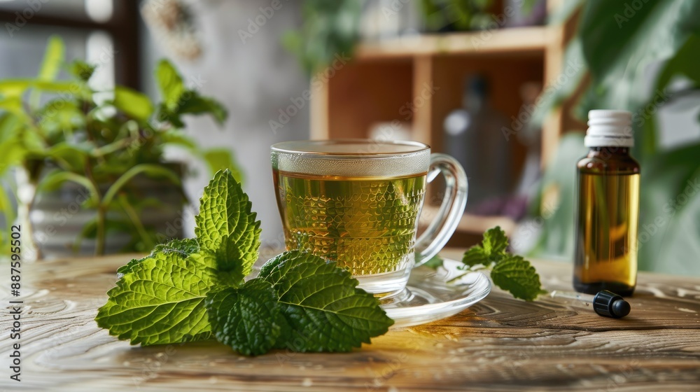 Poster lemon balm leaves and herbal tea in a glass cup with essential oil in a bottle arranged on a wooden 