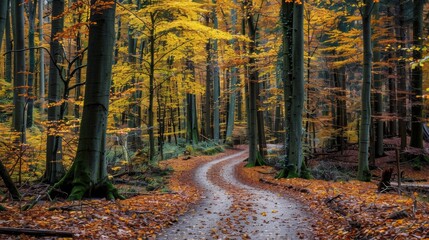 Obraz premium A narrow path winding through a dense forest with trees in vibrant autumn colors, leaves falling gently to the ground