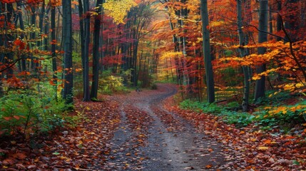 Fototapeta premium A narrow path winding through a dense forest with trees in vibrant autumn colors, leaves falling gently to the ground