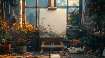 Obraz premium Easel With Blank Canvas, Hand Model, And Different Art Supplies On A Wooden Table Near A Window, Inspiring And Organized, High Quality Background
