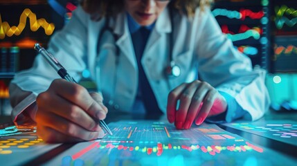 A doctor analyzes data and graphs, focused on research and medical insights.